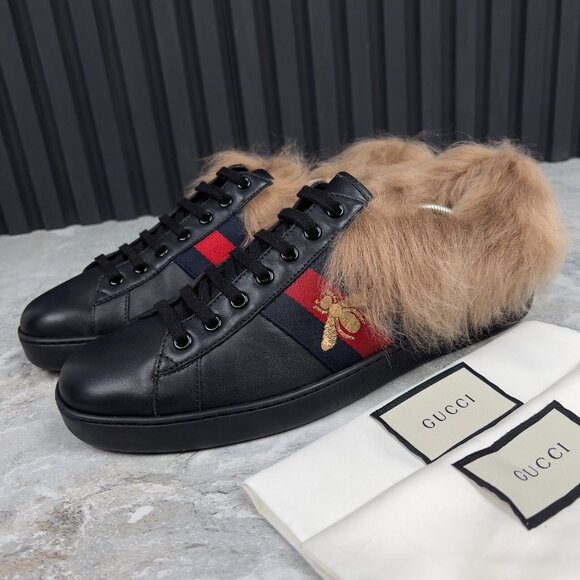 GUCCI Ace Web Sneaker Bee Embroidered Fur Black Leather 9 G or 9.5 US or 43 EUR - Picture 1 of 13